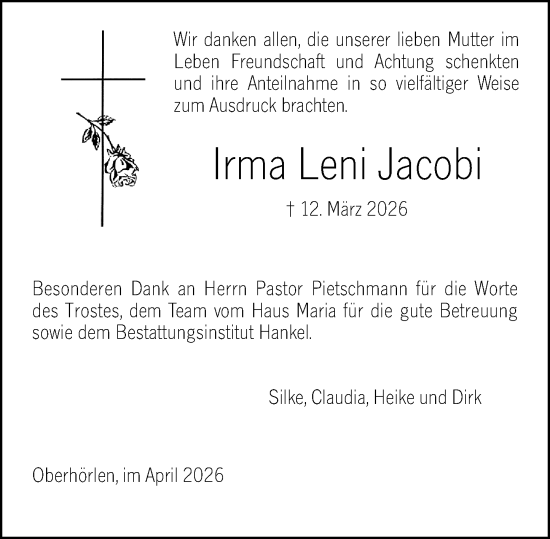 Traueranzeige von Irma Leni Jacobi von Hinterländer Anzeiger