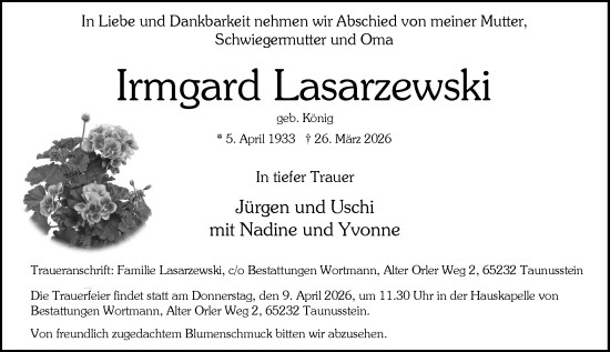 Traueranzeige von Irmgard Lasarzewski von Rheingau-Taunus-Kreis Wochenblatt