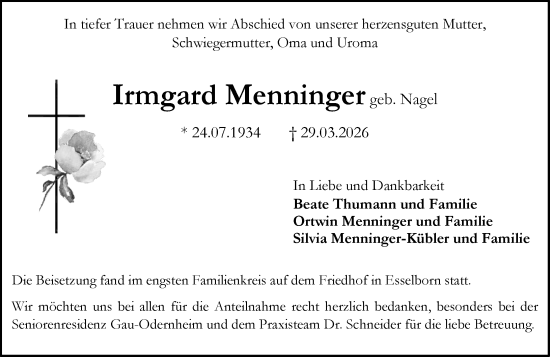 Traueranzeige von Irmgard Menninger von Allgemeine Zeitung Alzey