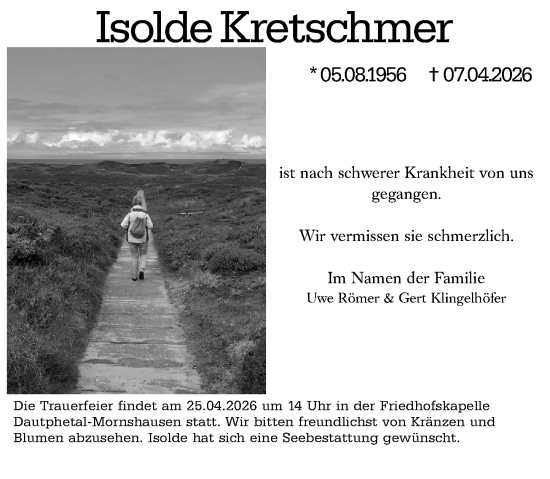 Traueranzeige von Isolde Kretschmer von Hinterländer Anzeiger
