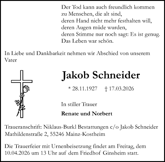 Traueranzeige von Jakob Schneider von Rüsselsheimer Echo