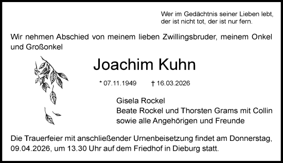 Traueranzeige von Joachim Kuhn von Dieburger Anzeiger/Groß-Zimmerner Lokal-Anzeiger