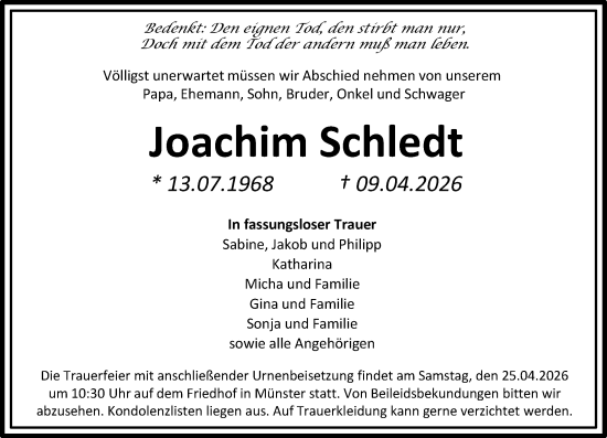 Traueranzeige von Joachim Schledt von Darmstädter Echo