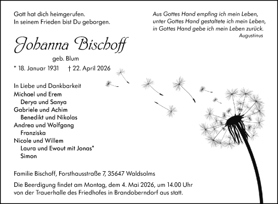 Traueranzeige von Johanna Bischoff von Wetzlarer Neue Zeitung