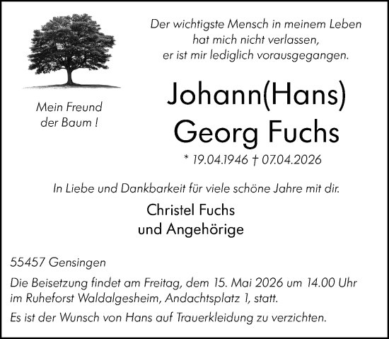 Traueranzeige von Johann Georg Fuchs von Allgemeine Zeitung Rheinhessen-Nahe