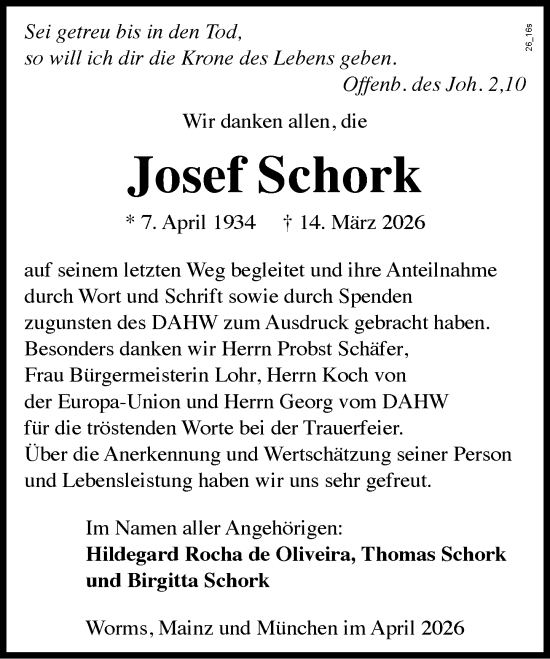 Traueranzeige von Josef Schork von Wormser Zeitung