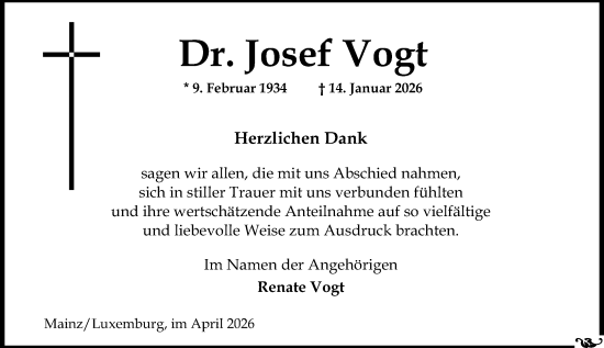 Traueranzeige von Josef Vogt von Allgemeine Zeitung Mainz