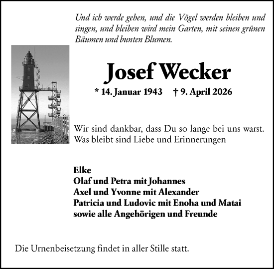 Traueranzeige von Josef Wecker von Camberger Anzeiger