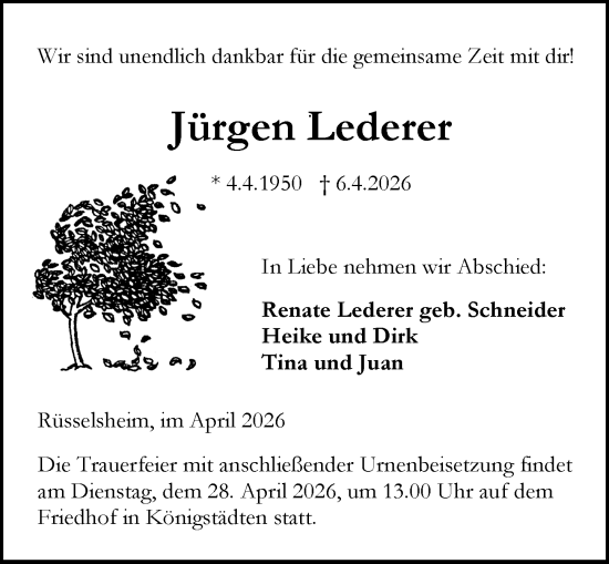 Traueranzeige von Jürgen Lederer von Rüsselsheimer Echo
