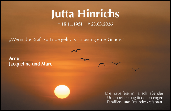 Traueranzeige von Jutta Hinrichs von Wiesbadener Kurier