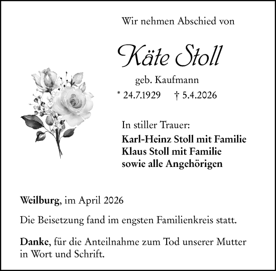Traueranzeige von Käte Stoll von Weilburger Tageblatt