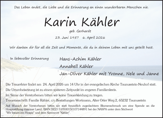 Traueranzeige von Karin Kähler von Wiesbadener Kurier