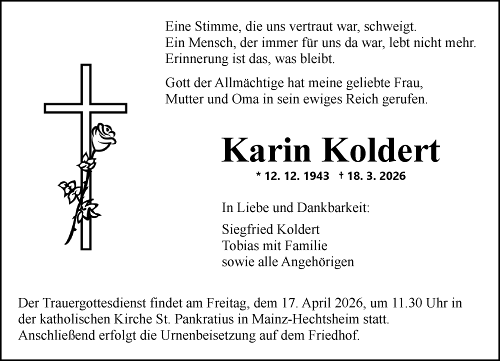  Traueranzeige für Karin Koldert vom 04.04.2026 aus Allgemeine Zeitung Mainz