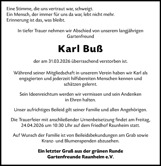 Traueranzeige von Karl Buß von Rüsselsheimer Echo