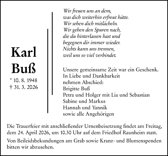 Traueranzeige von Karl Buß von Rüsselsheimer Echo