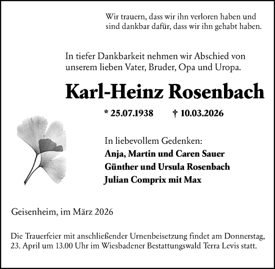 Traueranzeige von Karl-Heinz Rosenbach von Wiesbadener Kurier