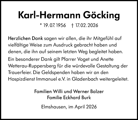 Traueranzeige von Karl-Hermann Göcking von Hinterländer Anzeiger