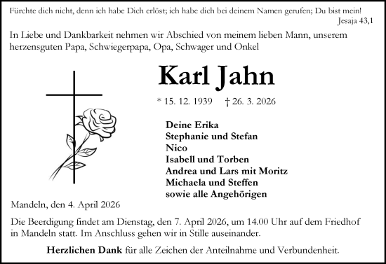 Traueranzeige von Karl Jahn von Dill Block