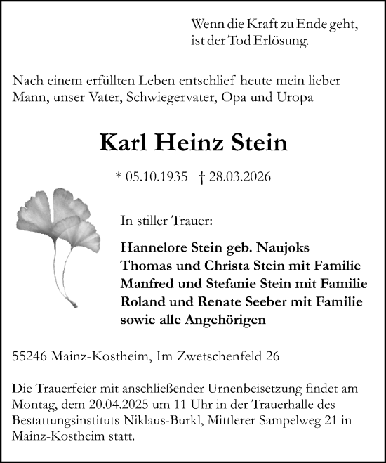 Traueranzeige von Karl Heinz Stein von Allgemeine Zeitung Mainz