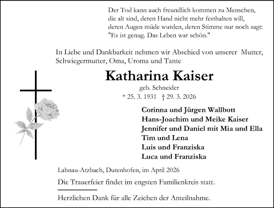 Traueranzeige von Katharina Kaiser von Wetzlarer Neue Zeitung
