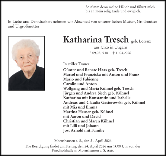 Traueranzeige von Katharina Tresch von Hinterländer Anzeiger