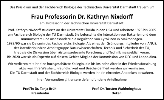 Traueranzeige von Kathryn Nixdorff von Darmstädter Echo