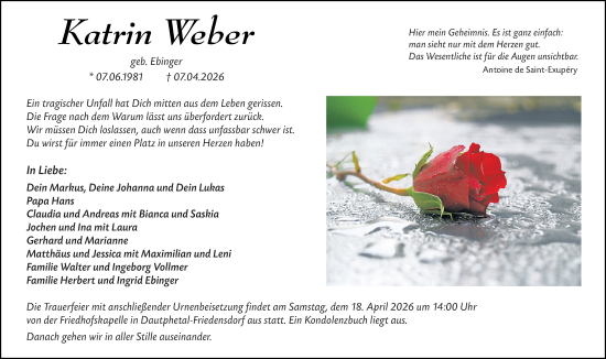 Traueranzeige von Katrin Weber von Hinterländer Anzeiger