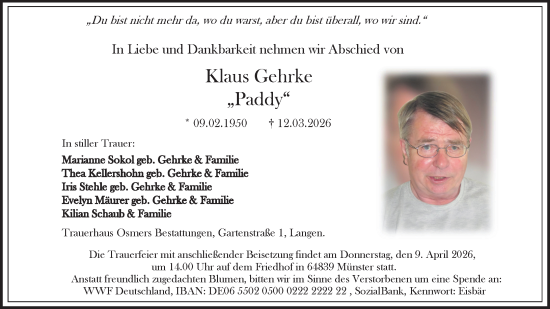 Traueranzeige von Klaus Gehrke von Darmstädter Echo
