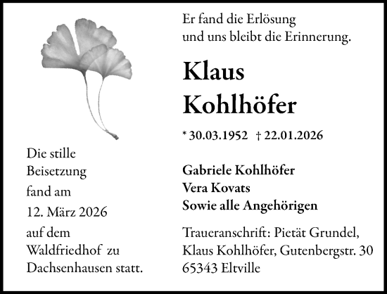 Traueranzeige von Klaus Kohlhöfer von Wiesbadener Kurier