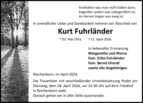 Traueranzeige von Kurt Fuhrländer von Weilburger Tageblatt