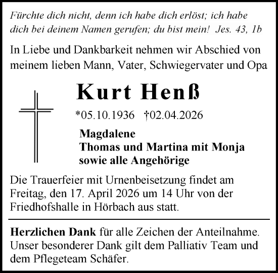 Traueranzeige von Kurt Henß von Dill Block