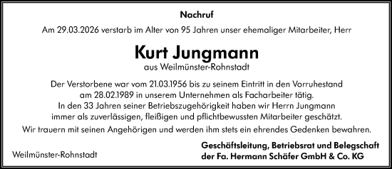 Traueranzeige von Kurt Jungmann von Weilburger Tageblatt