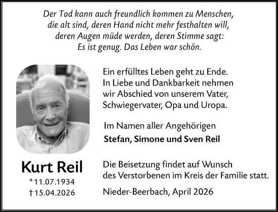 Traueranzeige von Kurt Reil von Darmstädter Echo