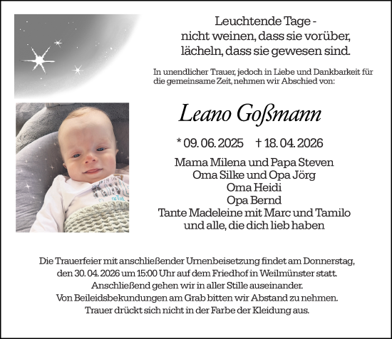 Traueranzeige von Leano Goßmann von Weilburger Tageblatt