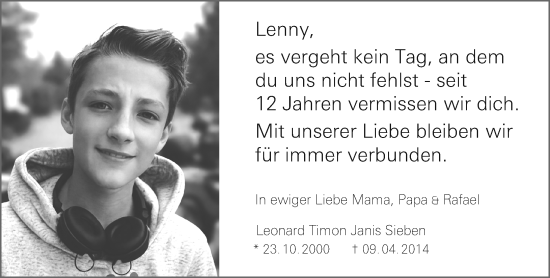 Traueranzeige von Leonard Timon Janis Sieben von Allgemeine Zeitung Mainz