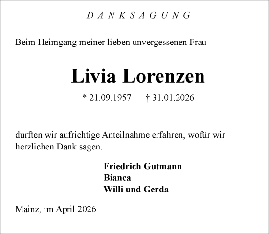 Traueranzeige von Livia Lorenzen von Wiesbadener Kurier