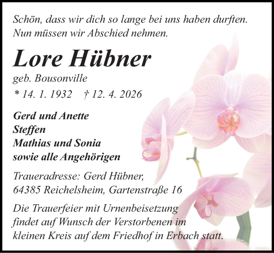 Traueranzeige von Lore Hübner von Odenwälder Echo