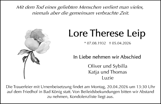 Traueranzeige von Lore Therese Leip von Odenwälder Echo