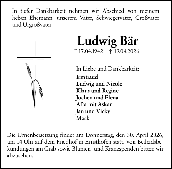 Traueranzeige von Ludwig Bär von Darmstädter Echo