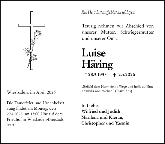 Traueranzeige von Luise Häring von Wiesbadener Kurier