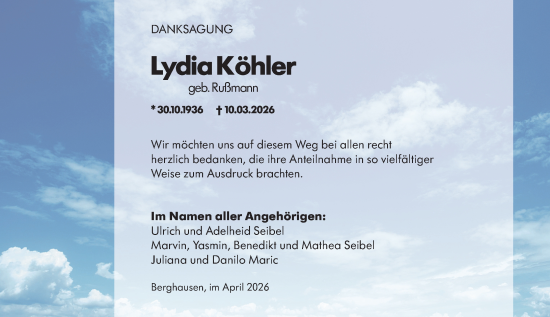 Traueranzeige von Lydia Köhler von Wetzlarer Neue Zeitung