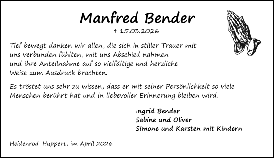 Traueranzeige von Manfred Bender von Idsteiner Land/Untertaunus