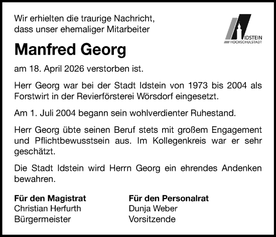 Traueranzeige von Manfred Georg von Idsteiner Land/Untertaunus