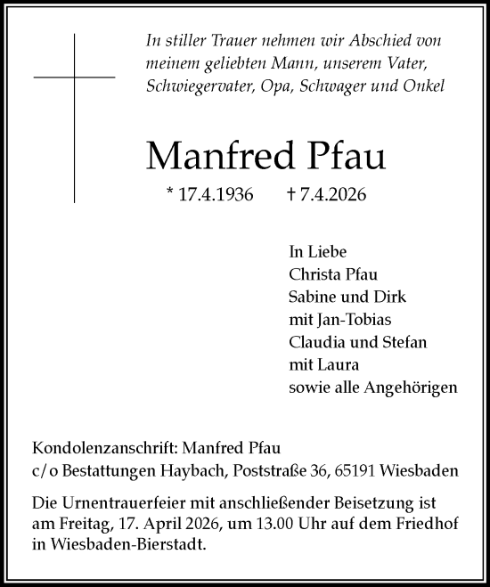 Traueranzeige von Manfred Pfau von Wiesbadener Kurier