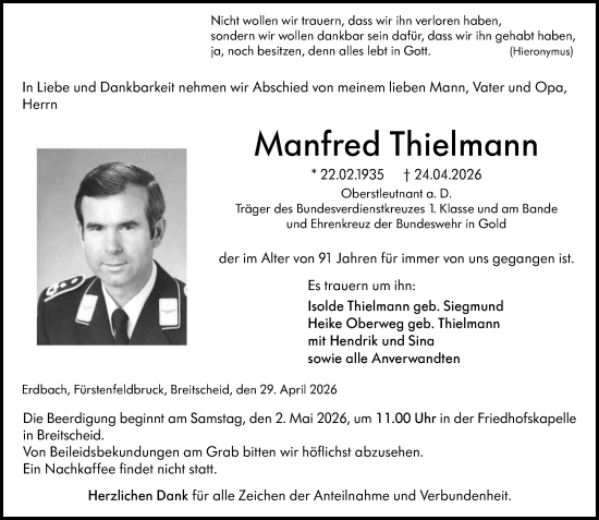 Traueranzeige von Manfred Thielmann von Dill Block