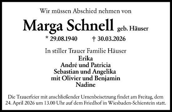 Traueranzeige von Marga Schnell von Wiesbadener Kurier