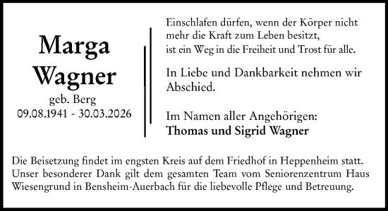 Traueranzeige von Marga Wagner von Starkenburger Echo