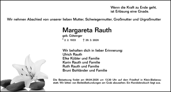 Traueranzeige von Margareta Rauth von Odenwälder Echo