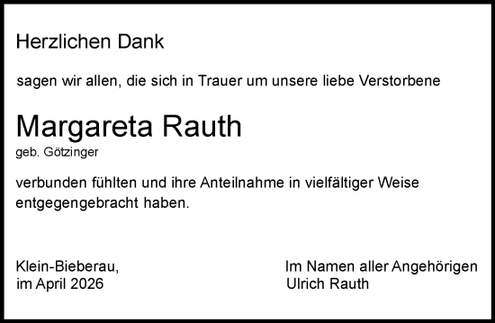Traueranzeige von Margareta Rauth von Odenwälder Echo