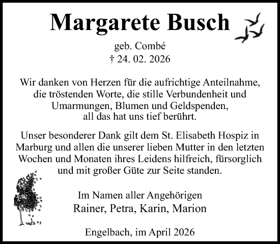 Traueranzeige von Margarete Busch von Hinterländer Anzeiger